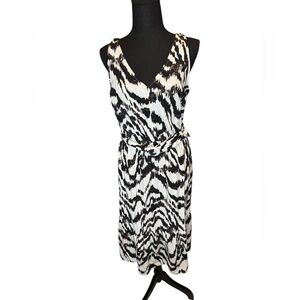 Nine West Black White Ikat Print Sleeveless Midi Dress L Linen Blend Belted 0111